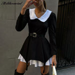 Doll Collar Casual Sheath Dresses for Women Autumn Long Sleeve Pullover Black and White Bodycon Knee Length Femme Fashion Dress