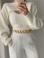 Sweaters Korea 2023 Early Autumn Temperament O-Neck Slim Knit Vest Casual Wearing Short Sweater Blouse Two-piece Set Woman