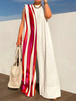 Wide Leg Pants Loose Fit Jumpsuits Women Summer O-Neck Sleeveless Printing Playsuits Patchwork Loungewear Rompers Dropshipping
