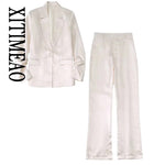 XITIMEAO Women Fashion Front Button Gathered Satin Blazer Coat Vintage Long Sleeve Flap Pockets Female Outerwear Chic Veste