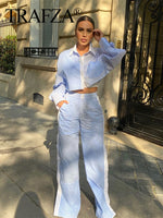 TRAFZA Lazy Wind Fashion Vintage Patchwork Blue Long-Sleeved Striped Shirt Wide Leg Pants Shorts Female