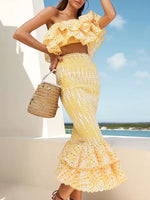Western style, heavy industry, embroidery, hollowed-out ruffled one-word collar jacket, high elastic and slim fishtail overskirt