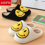 ASIFN winter Women Fluffy Fur Slippers Big Smile Floor Short Plush Fleece Flat For Couples Black Ladies Shoes Indoor Slippers