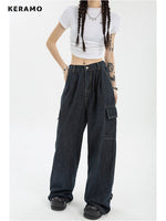 Summer Women Harajuku Cargo Baggy Blue Jeans Streetwear Hip Hop Oversize Casual Wide Leg Vintage Demin Pants Y2k Loose Trousers