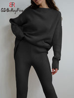 Women Sweater Suits Knitted Oversized Tracksuit Casual Long Sleeve Pullover High Waist Straight Pants Two Piece Sets Women 2023