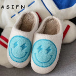 ASIFN Smile Face Slippers Women Men Fluffy House Cute Smile Print Gift Fleece Flat Ladies Indoor Winter Shoes