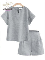 Summer New Oversized Women's Shorts Jacket Two-piece Suit Casual Solid Half Open Collar Shirt Ladies Set Outitits Free Shipping