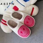 ASIFN Smile Face Slippers Women Men Fluffy House Cute Smile Print Gift Fleece Flat Ladies Indoor Winter Shoes