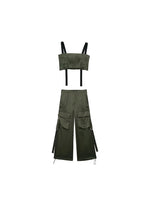 TRAF 2023 New Women 2 Pieces Cargo Pants Sets Spring Summer Female Fashion Loose Trousers And Short Tops Casual Haren Pants