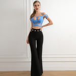 CIEMIILI 2022 New Summer Women Bandage Pants Sexy Fashion Party Bodycon Trousers High Waist Gold Buttons Solid Female Flare Pant