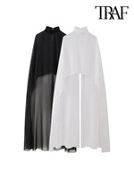 TRAF Women Fashion Asymmetric Gauze Semi-sheer Cape Coat Vintage High Neck Back With Button Female Outerwear Chic Clothing