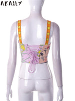 Akaily Summer Y2K Print Graphic Crop Tops For Women 2023 Streetwear Spaghetti Strap Backless Tank Tops Pink Bandage Camisole Top