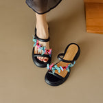 Fashion Crystal Women Sandals Summer 2023 New Round Heels Gladiator Sandals Woman Beige PU Leather High Heeled Slippers