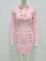 New Winter Style Sexy Long Sleeve Key Hole Button Pink Mini Women Bodycon Bandage Dress 2022 Elegant Evening Club Party Dress