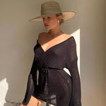 2023 Sexy Bikini Cover-ups Beach White Crochet Tunic Knitted Summer Mini Dress  Long Sleeves Women  Swim Suit Cover Up