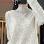 Spring/Summer Stereoscopic Hollow Wool Knit Sweater Women's Pullover Thin Fashion Long-Sleeved Half-High Collar Sexy Chic Top