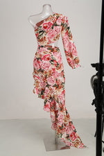 New Pink Flowers Color Women Sexy One Shoulder Bodycon Long Dress Summer Vacation Beach Party Celebrate Dress Wholesale
