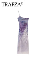 TRAFZA Female Hotsweet Sexy Dresses Gradient Color Slash-Neck Folds Sleeveless Zipper Summer Elegant And Pretty Women's Dresses