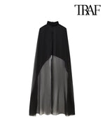 TRAF Women Fashion Asymmetric Gauze Semi-sheer Cape Coat Vintage High Neck Back With Button Female Outerwear Chic Clothing
