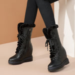 Winter New Outside Fashion Slim Height Increasing Platform Plush Inside Cross-tied Genuine Leather Women Mid-Calf Snow Boots