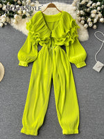 TWOTWINSTYLE Casual Jumpsuit For Women V Neck Long Sleeve High Waist Loose Solid Ruffle Trim Jumpsuits Female Fashion Clothing