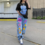 European American New Women'S Jeans 2023 Fashion Low Waist Retro Print Pants Slim Straight Denim Trousers For Women Loose Jeans