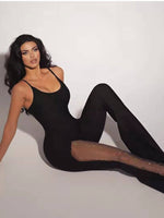 New Women Summer Sexy Crystal Diamonds Black Bodycon Flare Bandage Jumpsuit 2023 Celebrity Designer High Street Rompers
