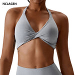 NCLAGEN Women Halther Sports Bra Medium Support Impact Racerback Fitness Yoga Tops Gym Workout Quick Dry Ruched Padded Bikini