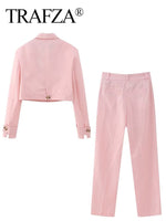 TRAFZA Woman Fashion Pant Suits Long Sleeve Pockets Jacket And High Waist Buttons Straight Pants Two Pieces Sets For Women