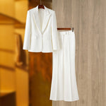 2023 New White Color Women Long Sleeve Pearl Beading Single Button Slim Office Lady Women's Set Celebrity Red Carpet Wear