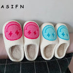 ASIFN Smile Face Slippers Women Men Fluffy House Cute Smile Print Gift Fleece Flat Ladies Indoor Winter Shoes