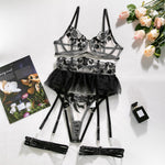 4-Piece Fancy Lingerie Floral Lace Bra Ruffle Garter Luxury Erotic Outfit Sexy Crotchless Panties Sensual Underwear