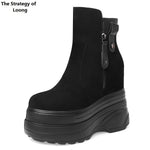 Spring Autumn Slim 14CM Super High Heels Height Increasing Platform Genuine Leather Women Mid-Calf Modern Boots Winter Plush 230
