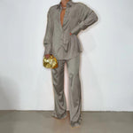 2023 Elegant Satin Women's Matching Sets Casual Long Sleeve Shirt Straight Pants Suit Female Loose Solid Tops Two Pieces Outfits
