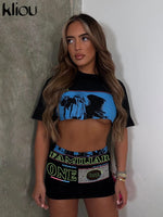 Kliou Street Style Print Two Pieces Set Women Casual Crew Neck Bare Midriff Crop Tops + Mini Hip Skirt Ladies Trendy Streetwear