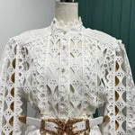 New fashion openwork stitching stand-up collar shirt+mini ladies shorts suit with heavy belt