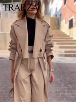 TRAFZA Women Khaki Pant Suit Solid Elegant Belt Long Sleeve Crop Jacket + High Waiste Zipper Fly Pants Sets 2023 Chic Streetwear