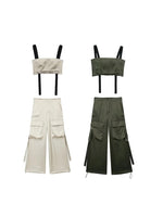TRAF 2023 New Women 2 Pieces Cargo Pants Sets Spring Summer Female Fashion Loose Trousers And Short Tops Casual Haren Pants