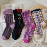 New Purple Socks Women Ethnic Embroidery Harajuku Crew Socks Japanese Korean Fashion Vintage Streetwear Kawaii Long Socks Women
