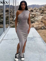 Kliou Solid Elegant Maxi Dress Women Inclined Shoulder Sleeveless  Body-Shaping Side Split Robe Partywear Female Vestidos