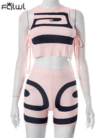 FQLWL Summer Apricot Bodycon Pink Stripe 2 Two Piece Sets Casual Vacation Outfits For Women 2023 Green Sexy Booty Shorts Set