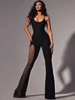 New Women Summer Sexy Crystal Diamonds Black Bodycon Flare Bandage Jumpsuit 2023 Celebrity Designer High Street Rompers