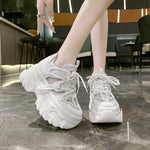 Women Autumn Breathable Mesh Chunky Sneakers 8CM Heels Thick Sole Casual Vulcanized Shoes High Platform Leather Sneakers Woman