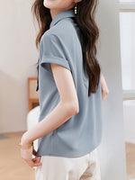 Office Lady Women Blouses 2023 Summer Shirts Solid Short Sleeve Lapel Tie Tops Korean Casual Female Clothing