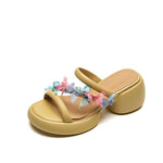 Fashion Crystal Women Sandals Summer 2023 New Round Heels Gladiator Sandals Woman Beige PU Leather High Heeled Slippers