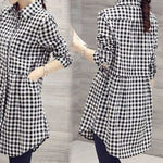 All-match Button Plaid Print Midi Shirt Female 2022 Spring Autumn New Korean Fashion Spliced Loose Long Sleeve Polo-Neck Blouse