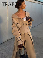 TRAFZA Women Khaki Pant Suit Solid Elegant Belt Long Sleeve Crop Jacket + High Waiste Zipper Fly Pants Sets 2023 Chic Streetwear