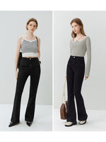 FSLE Women Black Skinny Bootcut Jeans Retro High Waist Cotton Stretch Denim Mopping Pants Back Slit Design 2023 Fall Female Jean
