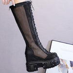 Summer New European America Style Height Increasing Platform Rivet Cut Out Mesh Genuine Leather Women Knee-High Long Boots 0704