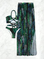 Longuette Three Piece Bikini Swimsuit Maxi Dress Tie-dyed Halter Women Swimwear Bikini Set 2023 Summer Beach Bathing Suit